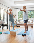 Senior couple do online workout, home yoga stretching and exercise old body in Dallas living room. Daily fitness together in retirement, happy healthy woman and man training from laptop technology