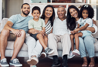 Buy stock photo Big family portrait on sofa, home living room together in Mexico and happy afro latino girl sitting on mom lap. Senior grandparents love young children, proud father smile and generations happiness