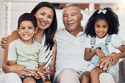 Buy stock photo Love, grandparents or children bond on sofa in house or home living room in trust, security or safety. Family portrait, happy smile or retirement senior elderly man and woman with Mexico boy and girl