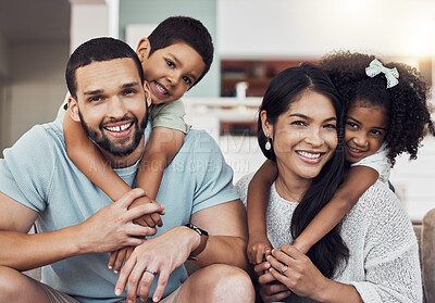 Buy stock photo Children hug, home relax and parents with smile for happy house on the living room sofa together. Portrait of an African family, kids and people hugging on the couch in the lounge with happiness