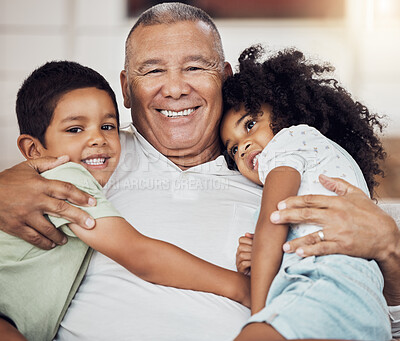 Buy stock photo Portrait, happy family and grandfather with children in the house living room hugging, relaxing and bonding together. Elderly, happiness and old man has a big smile enjoying quality time with kids 
