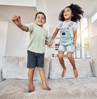 Buy stock photo Children, brother and sister bonding and jumping on sofa in house, home or hotel living room in fun, play and energy game. Smile, happy or adhd kids or hyperactive Mexico boy and girl with sugar rush