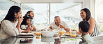 Love, food and happy family breakfast, brunch or lunch for group of people eating, bonding and enjoy quality time together. Happiness, morning and hungry big family smile while relax in dining room