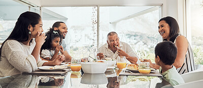 Buy stock photo Love, food and happy family breakfast, brunch or lunch for group of people eating, bonding and enjoy quality time together. Happiness, morning and hungry big family smile while relax in dining room