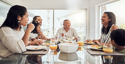 Buy stock photo Family, grandparents and children eating breakfast together in the morning. Love, parents and kids bond over a meal sitting at a table with food. Conversation, talking and happy family in their home