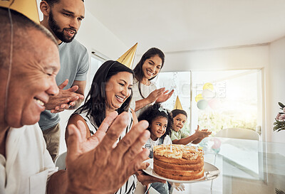 Buy stock photo Family, happy and birthday with grandmother and celebration in dining room for party, love and cake. Smile, wow and event together with big family for surprise, excited and gift celebrate at home