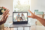 Hands, video call and family on a laptop with communication, wave and online chatting in a house. Computer, internet and technology with a mother, father and children on a screen or display at home
