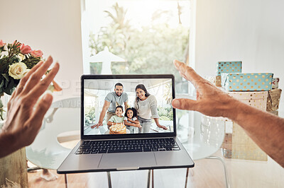 Buy stock photo Hands, video call and family christmas on a laptop with a wave and online chatting in a house. Computer, internet and technology with a mother, father and children on a screen or display at home