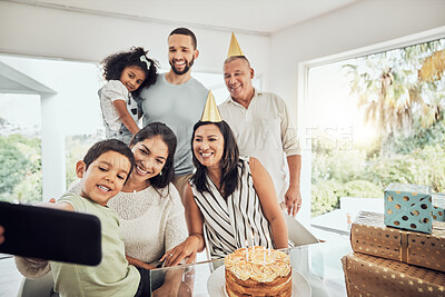 Buy stock photo Big family and birthday party selfie on smartphone for happy bonding photograph memory in Mexico. Love, support and care of grandparents enjoying special celebration with children and relatives.

