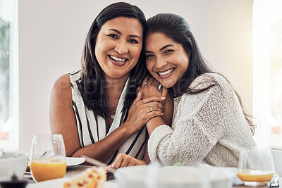Buy stock photo Family, love and mother with her adult daughter at home, eating food and enjoying time together. Love, bonding and lunch with a mature female sitting at a dinner table in their house