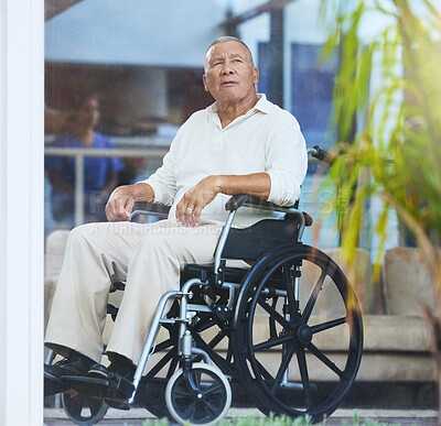 Buy stock photo Senior man, healthcare and wheelchair in hospital surgery recovery, nursing home or Mexico wellness physiotherapy clinic. Thinking retirement elderly with insurance disability aid and medical support