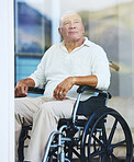 Retirement, window and elderly man in wheelchair thinking about life in luxury Portugal nursing home, estate or village. Senior Care, disability and homecare for disabled person with support and help