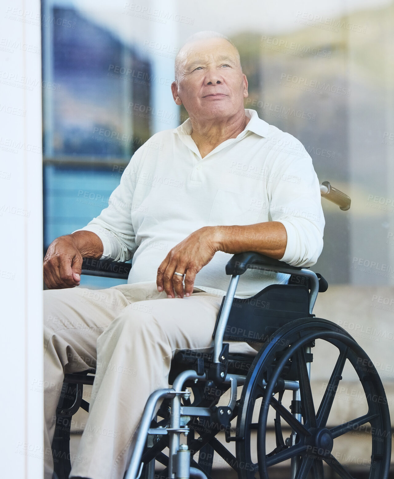 Buy stock photo Retirement, window and elderly man in wheelchair thinking about life in luxury Portugal nursing home, estate or village. Senior Care, disability and homecare for disabled person with support and help