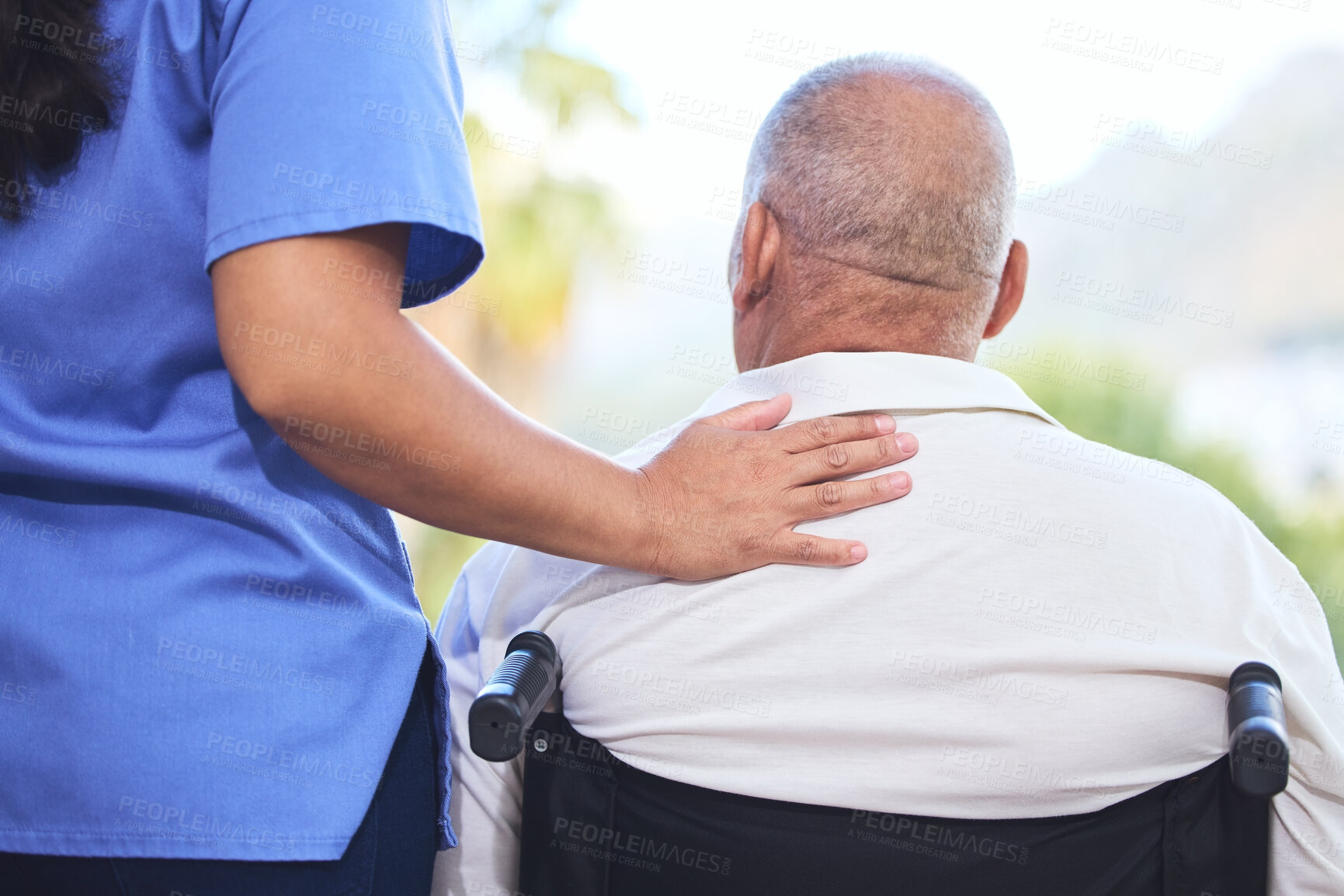 Buy stock photo Homecare, nurse and wheelchair for disabled elderly man, with injury in spine or legs. Healthcare, disability and senior in nursing home for wellness, recovery and health in Cape Town after stroke