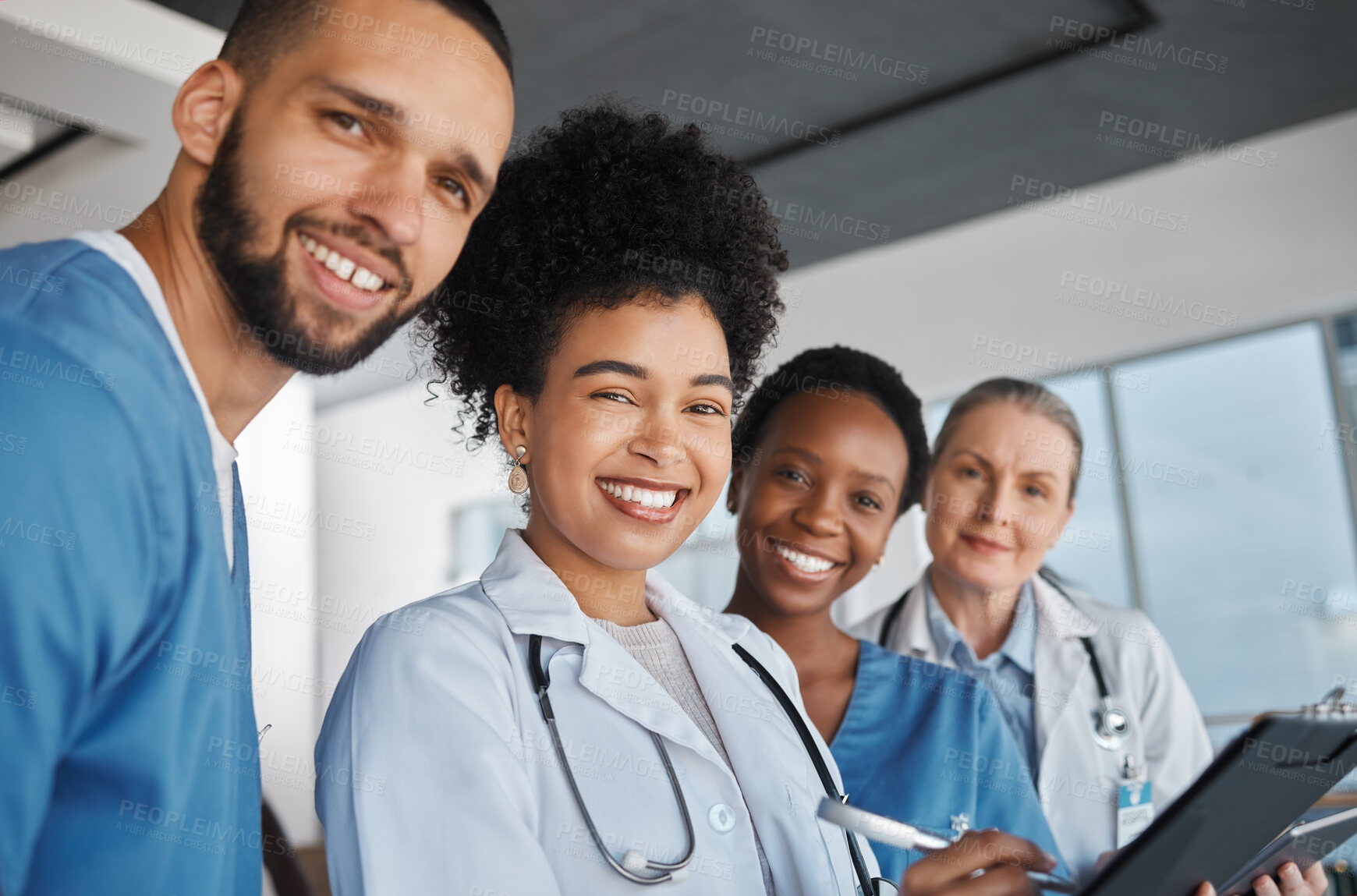 Buy stock photo Medicine, doctors and healthcare team at work with smile for medical portrait, diversity and teamwork in Canada hospital. Trust, collaboration or cardiology with nurse, worker or clinic employees