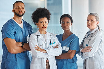 Buy stock photo Diversity, teamwork and portrait of medical doctors standing in the hallway of the hospital. Collaboration, medicine and team of multiracial professional healthcare employees at a medicare clinic.
