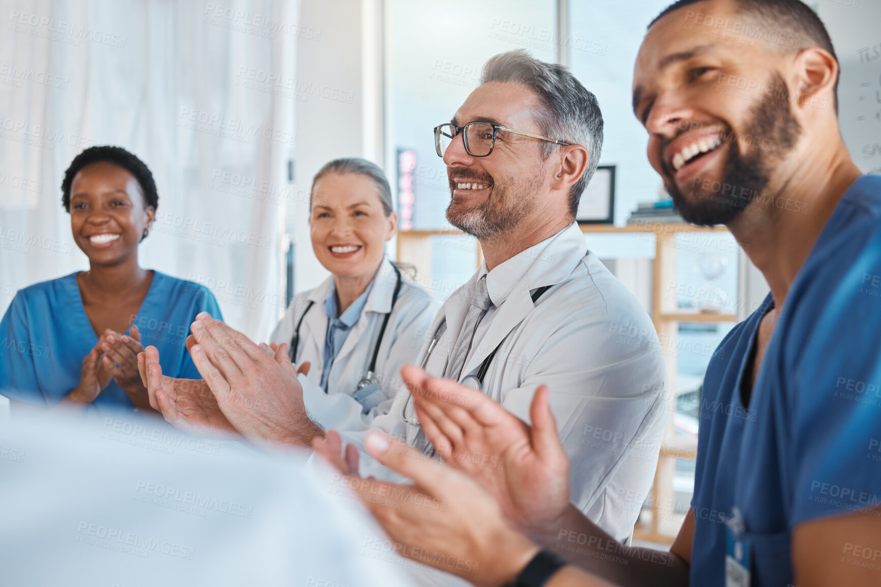 Buy stock photo Doctors, nurses and teamwork collaboration clapping after medical presentation, healthcare meeting and hospital medicine success. Smile, happy and excited insurance men and women with winner gesture