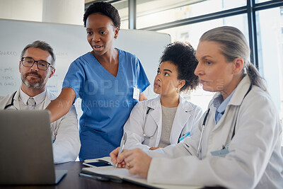 Buy stock photo Teamwork, healthcare and planning with a doctor, nurse and medicine team at work on a laptop during a meeting. Collaboration, research and insurance with a medical group working in the hospital