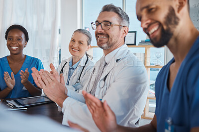 Buy stock photo Doctor success, hands applause and medical workers happy and proud of teamwork in a meeting. Healthcare staff success and nurse team together with happiness about collaboration surgery in a hospital 