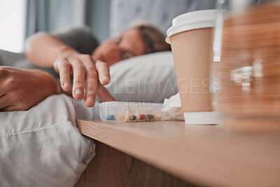 Buy stock photo Depression pills, insomnia medicine and woman sleeping in bed for pharmaceutical, psychology or mental health awareness.  Depressed, addiction and sick or sad person and drugs help or risk in bedroom