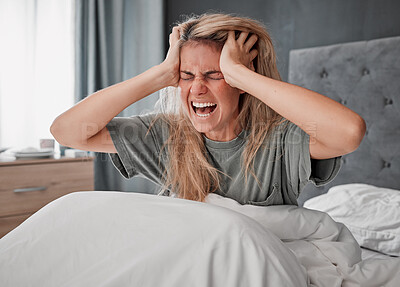 Buy stock photo In bed in the morning with stress, angry and agro woman. Depressed girl in bedroom, hands on head and screaming in pain. Overworked, frustrated and wake up with headache from insomnia
