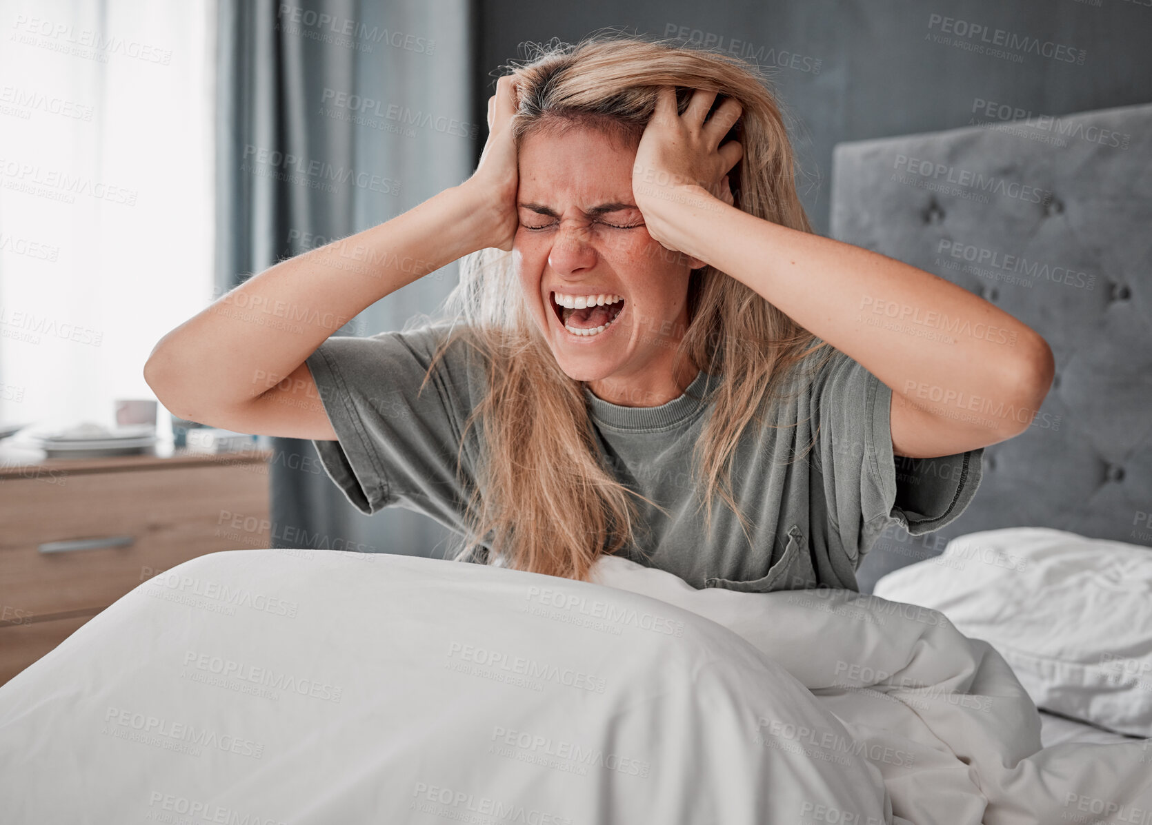Buy stock photo In bed in the morning with stress, angry and agro woman. Depressed girl in bedroom, hands on head and screaming in pain. Overworked, frustrated and wake up with headache from insomnia