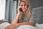 Sad, stress and woman with depression in a phone call conversation in her bedroom worried about a break up. Mental health, anxiety and depressed girl disappointed after listening to bad news at home
