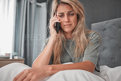 Buy stock photo Sad, stress and woman with depression in a phone call conversation in her bedroom worried about a break up. Mental health, anxiety and depressed girl disappointed after listening to bad news at home