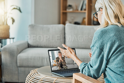 Buy stock photo Military woman in video call with psychologist for mental health problem, anxiety and trauma with laptop screen virtual technology. Soldier or veteran consulting with psychology therapy in zoom call