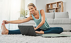 Yoga, stretching and woman on laptop in home streaming training video, web yoga class or tutorial. Zen, health and young female on tech pc, pilates mat and exercise, fitness and wellness workout.
