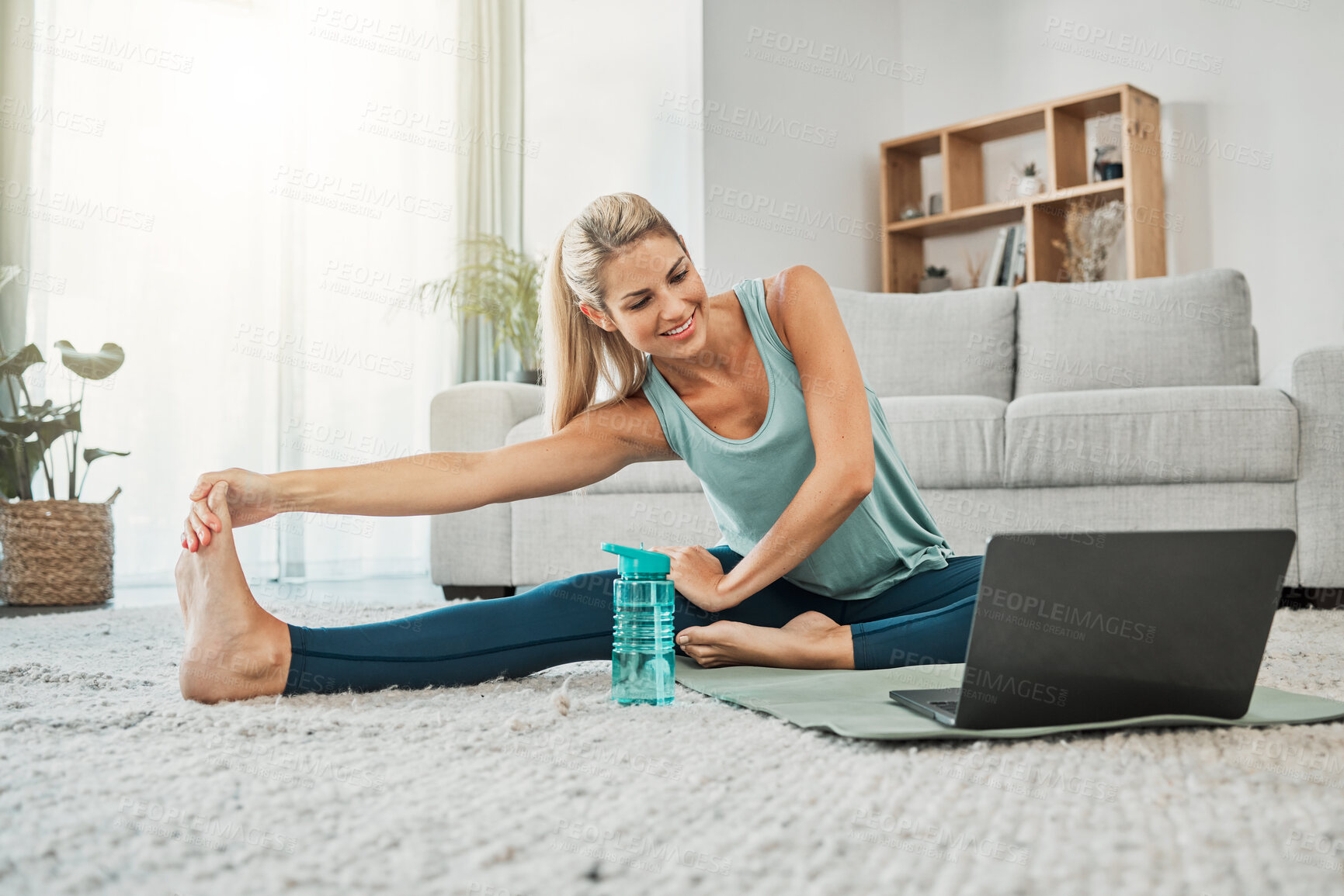Buy stock photo Yoga, zen and stretching woman on laptop streaming training video, web yoga class or tutorial at home. Health, exercise and happy female on tech pc, pilates mat and stretching, fitness and wellness.