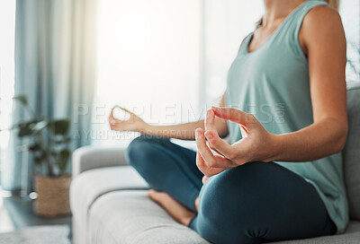 Buy stock photo Woman, meditation and mudra hands yoga home workout in lotus pose for exercise, peace and zen fitness. Calm mindset, wellness and healthy female on lounge sofa for balance, praying and relax energy