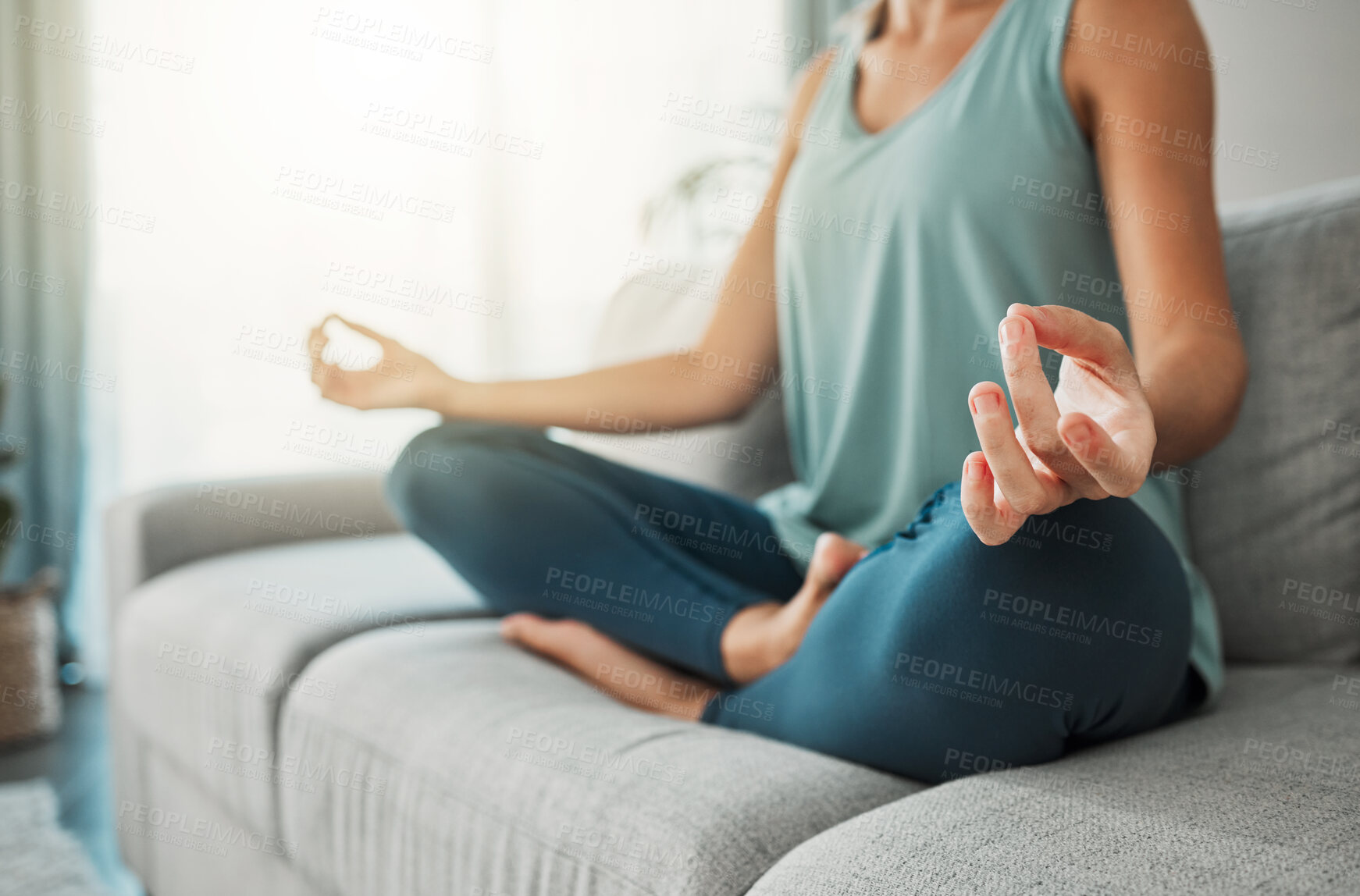 Buy stock photo Meditation, yoga peace and hands of woman working on spiritual wellness on living room sofa in her house. Calm person with lotus zen pose for faith, mind health in the morning on the couch