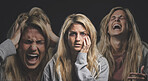 Portrait of a woman with depression, schizophrenia and mental health problem. Mockup for person with mental illness, bipolar disorder and anxiety. Angry, screaming and depressed crying girl in studio