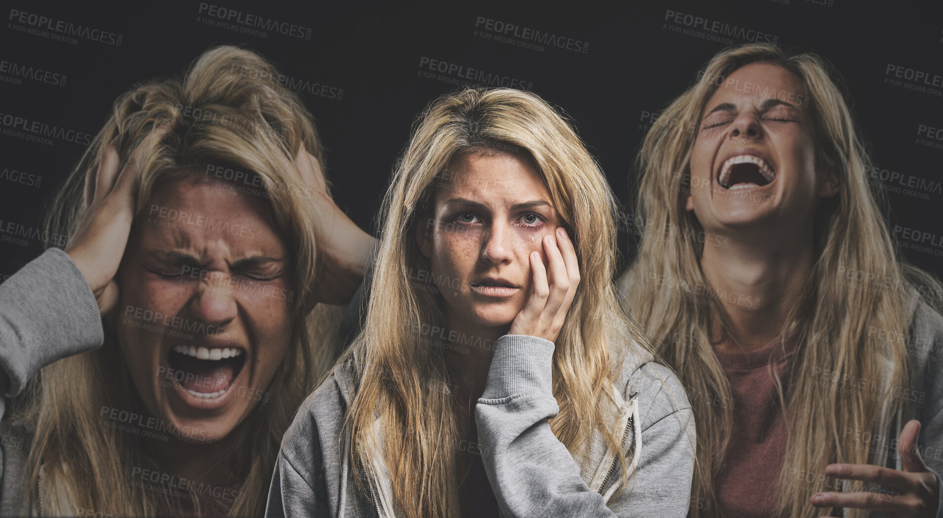 Buy stock photo Portrait of a woman with depression, schizophrenia and mental health problem. Mockup for person with mental illness, bipolar disorder and anxiety. Angry, screaming and depressed crying girl in studio