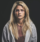 Portrait of woman with dark mental health, drugs addiction or depression over alcohol problem, life mistake or bad lifestyle. Anxiety, cocaine rehabilitation or sad depressed girl on black background