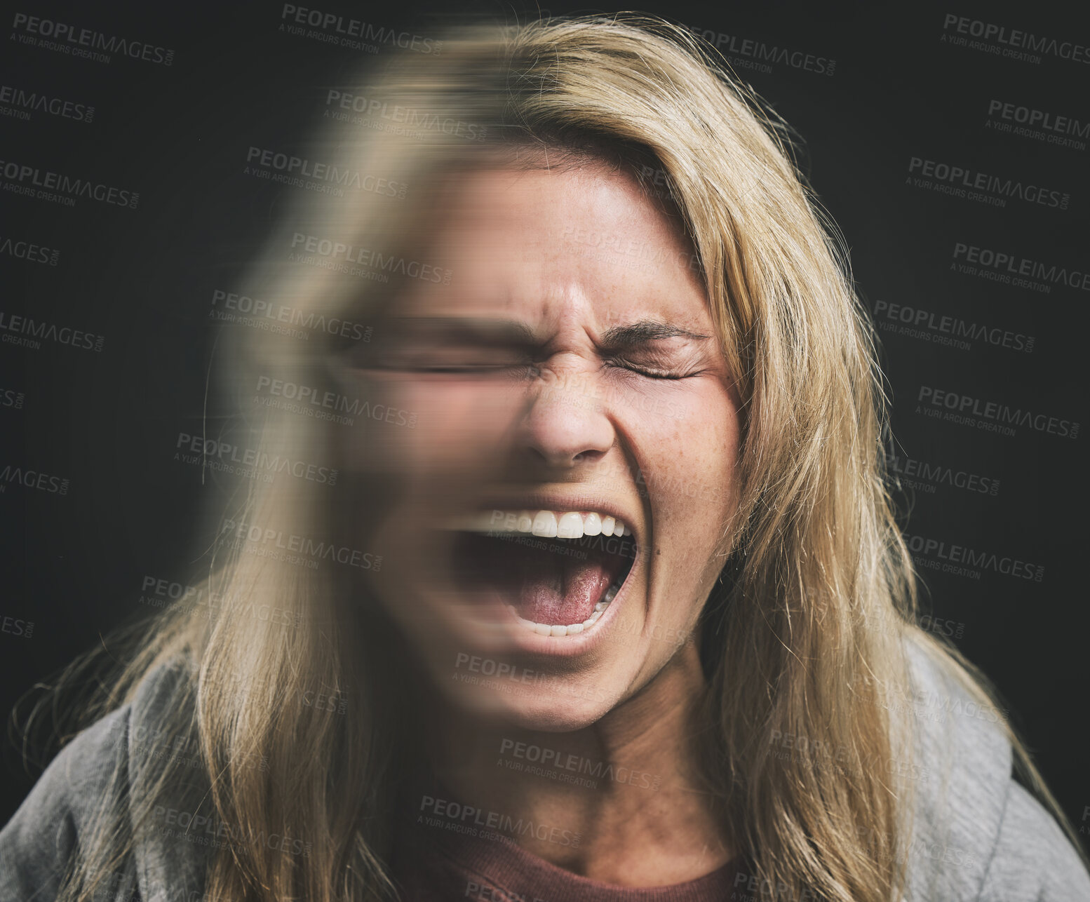 Buy stock photo Mental health, bipolar woman shout and double exposure in dark studio for psychology mock up. Angry, frustrated and anxiety schizophrenia girl with trauma, depression or fear scream on black mockup