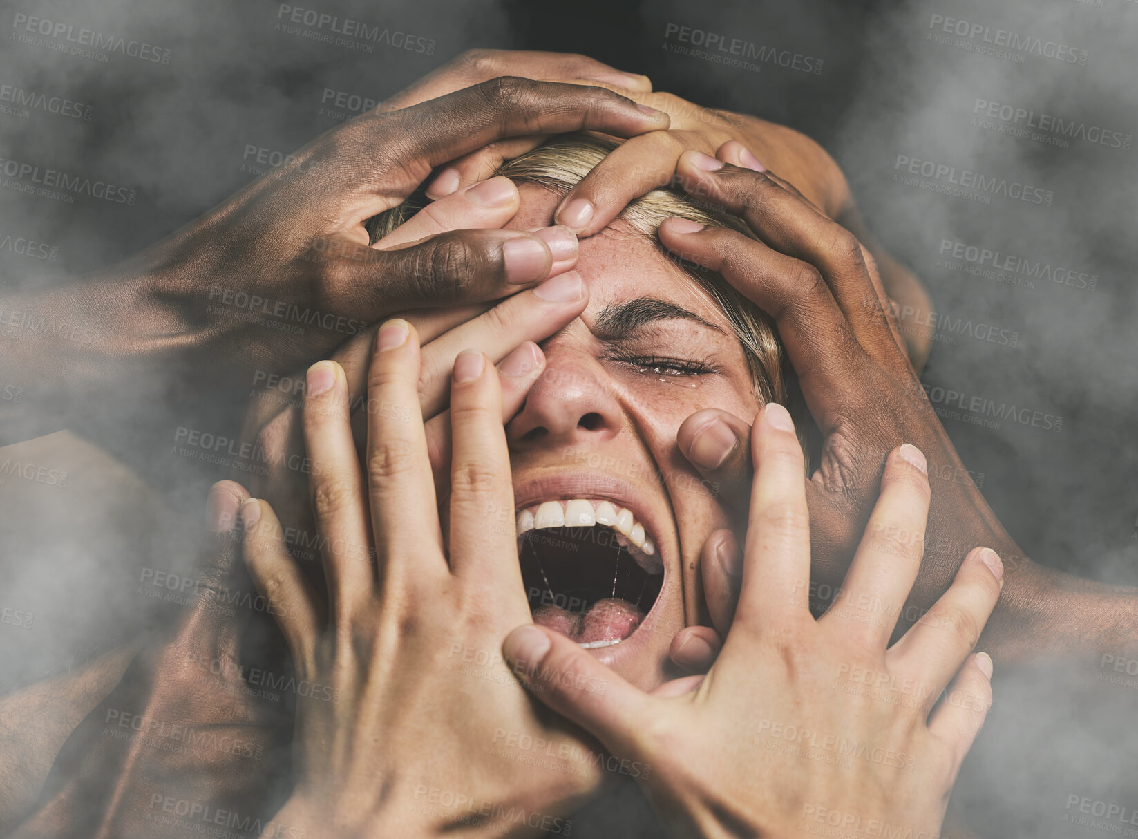 Buy stock photo Hands, face and woman abuse victim with fear, mental health and pain scared with smoke. Crying, angry and violence survivor screaming in studio with dark background with stress, alone and anxiety.