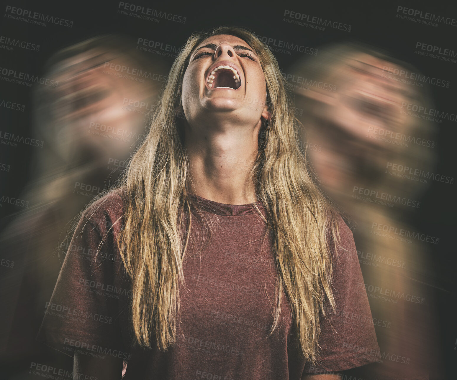 Buy stock photo Horror, anxiety or bipolar woman shout in double exposure on a dark studio for psychology and mental health. Angry, schizophrenia or depressed frustrated girl with depression, fear and trauma mockup