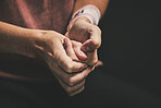 Woman with anxiety, hands scratch skin and stressed self harm picking mental health disorder. Nervous sad person with adhd or depression, stressed fear alone and depressed wound on black background