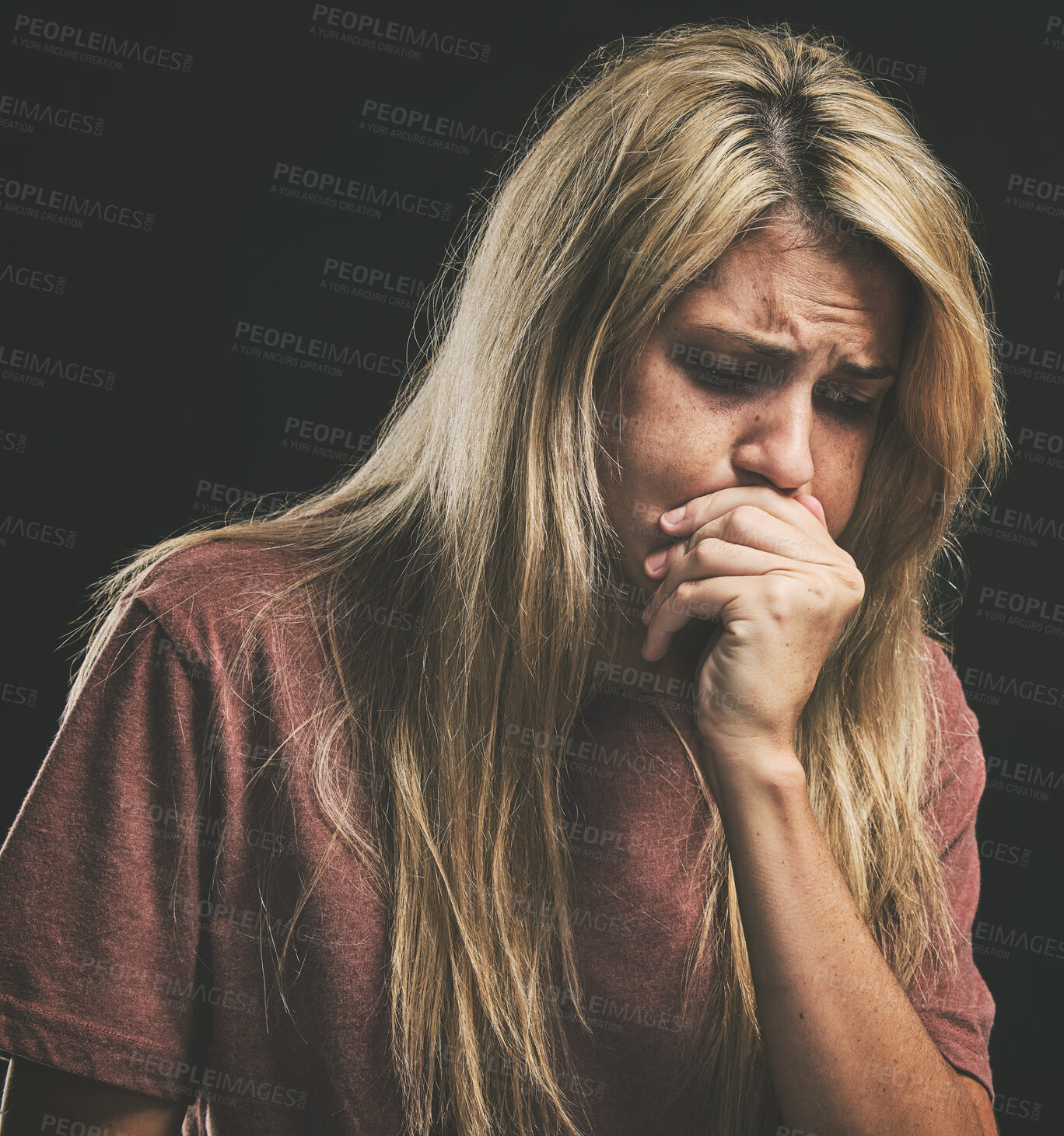 Buy stock photo Woman with anxiety, stress and depression or other mental health problems or issues. Therapy, psychological counseling to prevent drug overdose and manage emotional wellbeing of addictive personality