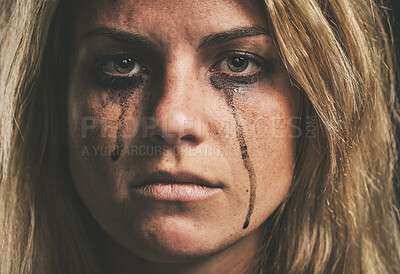 Buy stock photo Face, crying and domestic violence with a woman victim of abuse in studio with makeup closeup. Sad, fear and pain with a scared female feeling angry or emotional with grief, tears and problems