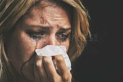 Buy stock photo Crying, depression and woman thinking of mental health problem against a black studio background. Face of a sad, frustrated and depressed person with running makeup, anxiety, stress about divorce