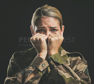 Buy stock photo Soldier, mental health or woman with ptsd trauma, anxiety or depression from civil, world or Ukraine war fight. Combat, dark fear and sad crying army, battle or military hero with survivor's guilt
