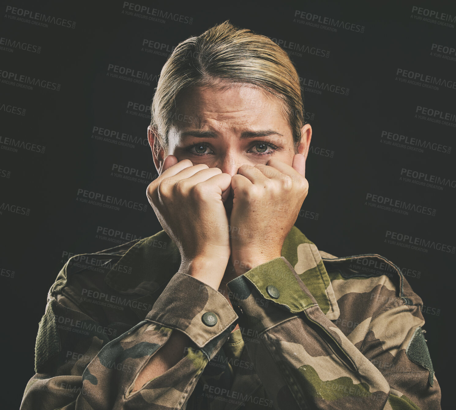 Buy stock photo Soldier, mental health or woman with ptsd trauma, anxiety or depression from civil, world or Ukraine war fight. Combat, dark fear and sad crying army, battle or military hero with survivor's guilt