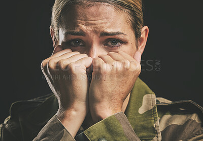 Buy stock photo Army, trauma and mental health struggle of a woman veteran from war and soldier work. Portrait of a military worker and hero crying with anxiety, stress fear and ptsd feeling emotional with tears 