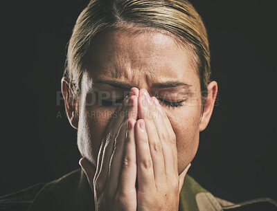 Buy stock photo Crying, depression and sad military soldier with stress from the army against a black studio background. Depressed, frustrated and veteran woman with ptsd trauma, anxiety and mental health problem 