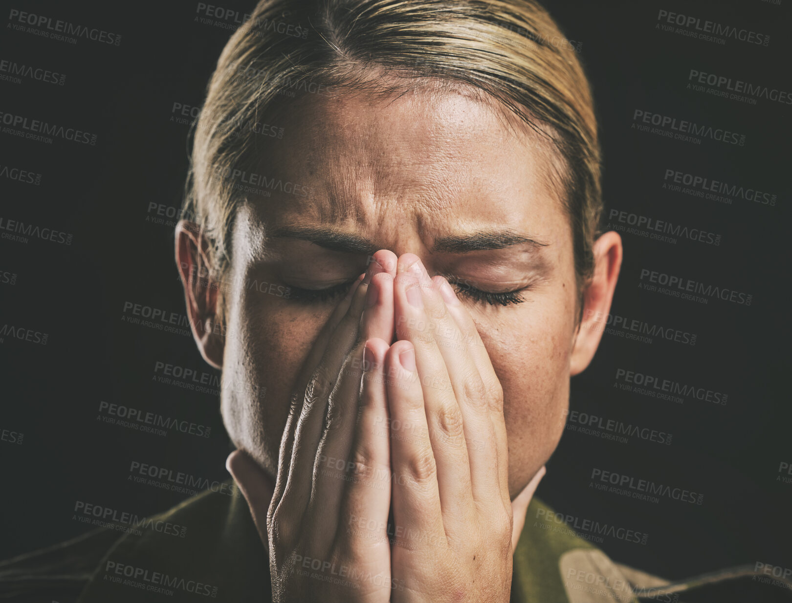 Buy stock photo Crying, depression and sad military soldier with stress from the army against a black studio background. Depressed, frustrated and veteran woman with ptsd trauma, anxiety and mental health problem 