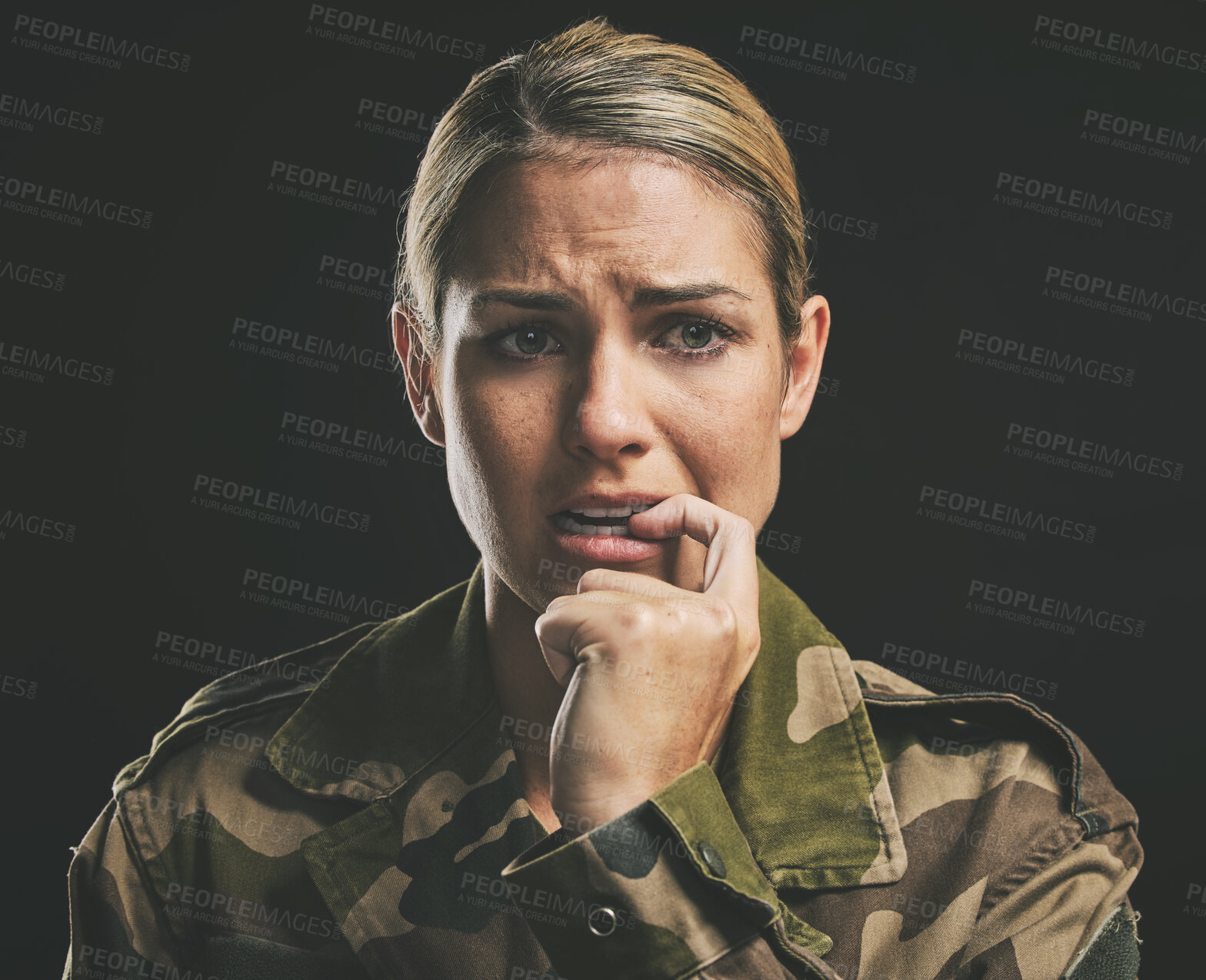 Buy stock photo Military, army and woman with ptsd, stress and face show anxiety, mental health or fear with black background. War, female or soldier frustrated bite nail and depression, sad and in uniform depressed