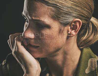 Buy stock photo Military, stress and anxiety with woman soldier suffering with ptsd from war with mental health, depression and sad. Insomnia, army and fear with girl and thinking about pain, mistake and trauma